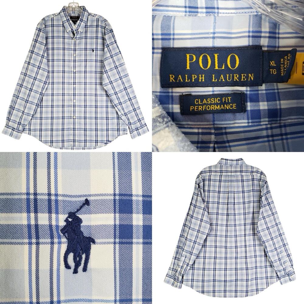 Polo Ralph Lauren Shirt Oxford Men's XL Performance Blue Plaid LS Button Down